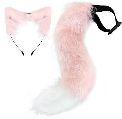 Halloween Kostüme Plüsch Katzenohren katzenschwanz Cosplay Set Katzenohren und Schwanz Set aus Kunstfell Fuchsohren Haarreif mit Ohren und Schwanz Halloween Fasching Karneval Masquerade Cosplay,Rosa