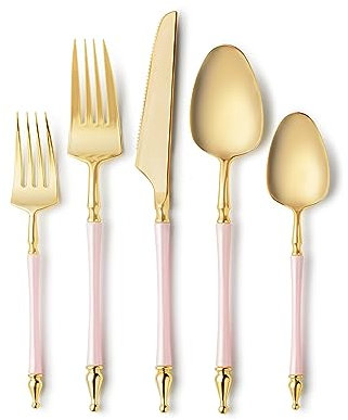 Decorline - 40 Teiliges Wiederverwendbar Kunststoffbesteck-Set Gabeln, Löffel, Messer – schickes Besteck Set für Abendessen, Salat, Suppe, Tee – Robuster Griff – Rosa mit Gold Top