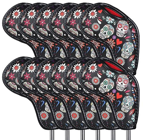 Golf Iron Club Head Covers 12pcs/set Magictape Black PU Leather Skull