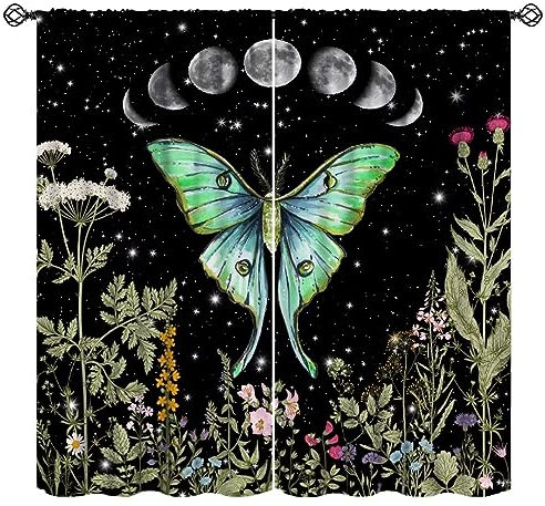 Blumenmottenvorhänge, Gothic-Hexe, Mondphase, botanische Verdunkelung, Fenstervorhänge, Vintage-Wildblumen-Pflanze, schwarzer Sternenhimmel-Druck, Fensterbehandlungen für Wohnzimmer, Schlafzimmer,