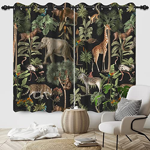 SDOTPMT 132x214cm Safari Tier Fenster Vorhang Tropische Wildlife Elefant Bär Giraffe Fenster Vorhänge Zoo Primeval Wald Fenster Behandlung für Kinder Schlafzimmer Dekor Blackout Vorhänge,2 Panels