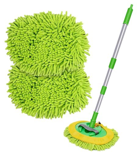 OZNEWLIFE Brosse de lavage de voiture, 118 cm, avec long manche, 2 en 1, en microfibre, chenille, gant de lavage, brosse de nettoyage, pour voiture, camping-car, camping-car, 2 têtes de balai