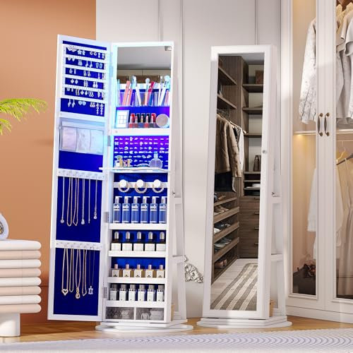 Figbird Schmuckschrank mit Spiegel, Spiegelschrank mit Beleuchtung Ganzkörperspiegel Schrankschmuck Aufbewahrung Mehrere Fächer Abschließbar 360-Grad-Drehung Schminkschrank Weiß