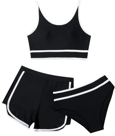 3 Stück Mädchen Bikini Sets Schwimmanzug Kinder Einfarbiges Strand Bademode Bikini Oberteil mit Triangel Bikinihose Und Kurz Shorts Teenager Badeanzüge mit Verstellbare Schultergurte 9-14 Jahre