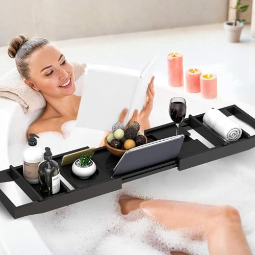 Badewannenablage Bambus Holz Badewannentablett Ausziehbares 75-115cm rutschfeste Wannenablage Passend für die meisten Badewannen Hält Buch, iPad, Telefon, Glas, Kerze Schwarz