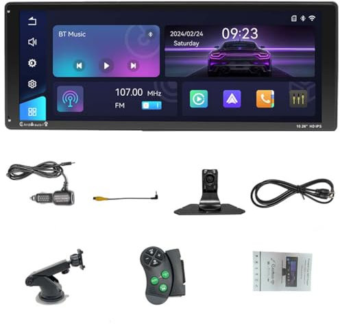 Pantalla táctil estéreo para automóvil CarPlay y Android inalámbrico portátil de 10,26 pulgadas con pantalla HD IPS, YouTube incorporado/Mirror Link/BT/FM/control de voz/navegación/control remoto