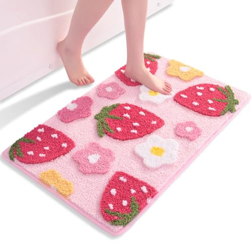 QJHOMO Pink Bath Mat Non Slip Bathroom Mats 50 x 80 cm, Cute Strawberry Bathroom Accessories Flower Floor Mat, Thick Soft Microfiber Bathmat Machine Washable Bath Rug Absorbent Carpet for Bedroom