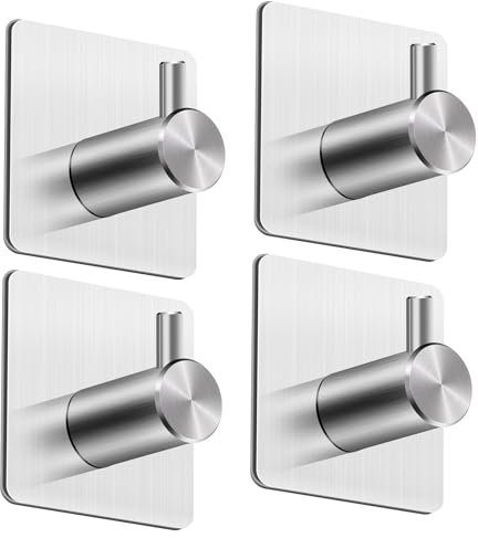 MACOLE Self Adhesive Hooks, Extra Strong Stick On, Heavy Duty Stainless Steel, No Drill Rustproof, Sticky on Wall Door for Hanging Towel Coat Hat Bag Keys in Bedroom Bathroom Kitchen, Silver 4 Pack