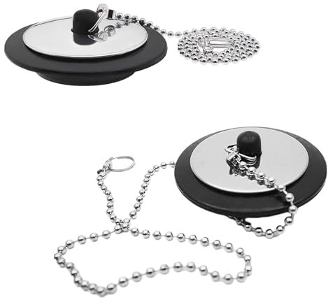 Rizzor 2 Pcs Universal Bath Plug, PVC, Black, 42mm-45mm, Kitchen & Bathroom Sink Plug, Stainless Steel Chain