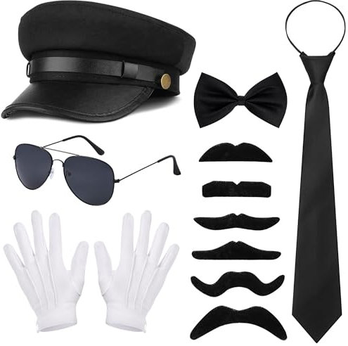 Vifcotlyp 6 Stück Chauffeur Kostüm Zubehör, 1980er Gangster Kostüm Zubehör Chauffeur Mütze Sonnenbrille Fliege Handschuhe Krawatte Bärte Hochzeitsfahrer Outfit für Karneval Fasching Mottoparty