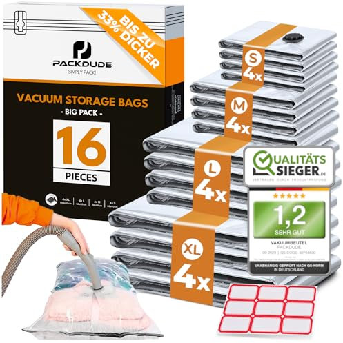 PACKDUDE® Vakuumbeutel für Kleidung I 16 STÜCK I Stabile Vakuumbeutel für Bettdecken, Vakuumierbeutel Kleidung I Vacuum Bags for Clothing I Vakuumbeutel groß & klein I Ideal für Aufbewahrung & Reise