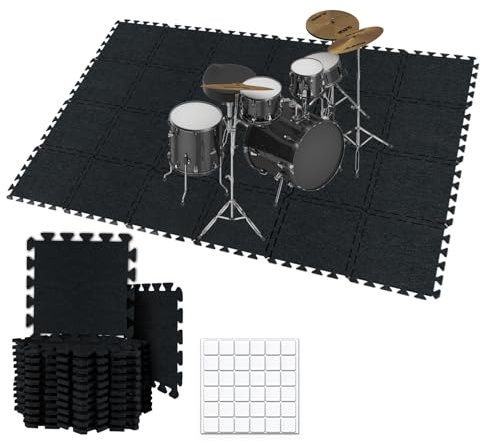 TroyStudio Dicke, schallabsorbierende, ineinandergreifende Bodenmatten, 24 Stück, 27,9 x 27,9 x 0,8 cm, hohe Dichte, Klavierteppich, Schlagzeugteppich, rutschfeste Anti-Vibration, schalldichte Pads,