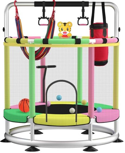 Blinworld Toddler Trampoline – 140cm Kids Trampoline with Enclosure, 200kg Indoor Outdoor Mini with Adjustable Gym Bar and Toys for Boys and Girls