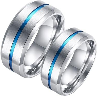 Lirzxin Partnerringe Edelstahl Frauen Männer, Verlobungsring Paar Matt Gebürstet Rund 8MM mit Blau Rille mit Gravur Silber Damen Größe 65 (20.7) & Herren Gr. 57 (18.1)