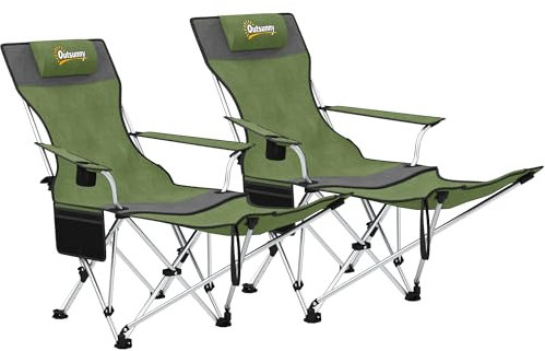 Outsunny Set of 2 Reclining Folding Camping Chair w/Detachable Footrest, Storage Bag, Cup Holder & Headrest, Lightweight Portable Camp Chair for Beach, Picnic, Olive Green and Grey