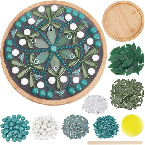 Vocdikficy DIY Keramik-Mosaik-Set, Blumenmosaik, Bambus-Untersetzer-Set für Erwachsene und Anfänger, Grüne Glasmosaikfliesen, Heimdekoration