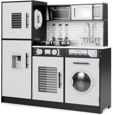 COSTWAY Cuisine Enfant avec Effets Sonores et Lumières, Jeu de Cuisine en Bois Enfant avec Machine à Laver & Micro-Ondes, Distributeur d'eau & Téléphone, Jouet de Simulation pour 3 Ans+ (Noir)