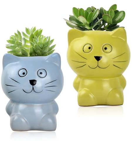 Culinavog Pot de Fleurs Chat, Pot Mini Plante Grasse, Lot de 2 en Céramique, Style Dessin Animé, Jaune et Bleu, pour Bureau et Balcon