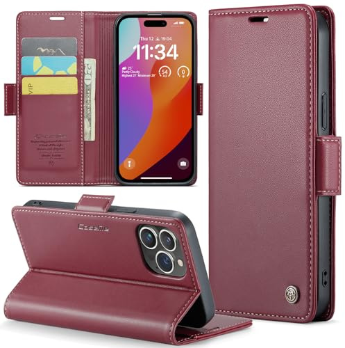 Rerzoiro Handyhülle für iPhone 15 Pro Hülle, Premium PU Lederhülle Klappbar Flip Case [RFID Blocker] Tasche Magnet Kartenfach Klapphülle Schutzhülle für iPhone 15 Pro, Rot