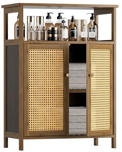 HITNET Rattan Badezimmerschrank Walnuss mit Doppeltür und Offenen Fächern | Bambus Badschrank, Badezimmer Aufbewahrungsschrank Freistehend Bodenschrank Platzsparend für Küche Wohnzimmer Esszimmer