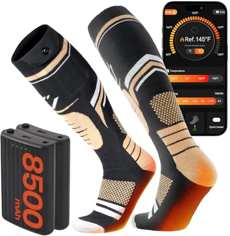 SURGOAL Merino Wool Heated Socks, 15-Hour Runtime & 145°F Heating, 8500mAh Rechargeable Electric Battery Operated Ski Socks with APP-Controlled for Men Women, Hunting, Camping, Winter (Khaki,XL)