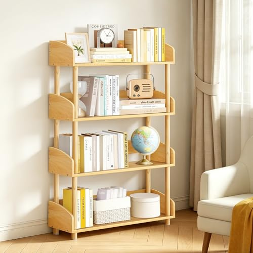 OUTONLIFE Bücherregal 4 Ebenen, Modernes schmales Standregal, Offenes Holzregal, Freistehend mit Massivholzrahmen für Wohnzimmer, Schlafzimmer und Kinderzimmer