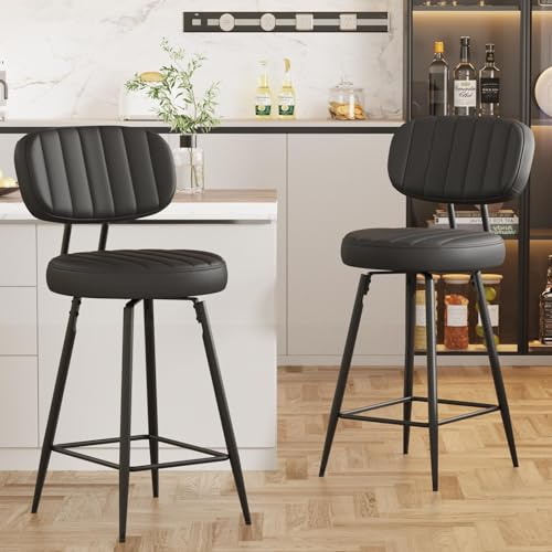 Ckaff Barhocker 2er Set, 360°Drehstuhl Barstuhl aus PU-Leder, 66cm Sitzhöhe Küchenstuhl mit Rückenlehne und Fußstütze, Gepolsterte Küchenhocker Esszimmerstuhl für Kücheninsel, Bar, Esszimmer, Schwarz