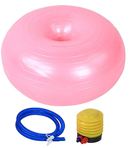 YolieraArt F l e x i R i n g 50 cm Donut Yoga Ball, rosa aufblasbarer Gymnastikball für Rumpfkraft- und Gleichgewichtstraining, inklusive Fußpumpe für Home Gym Fitness