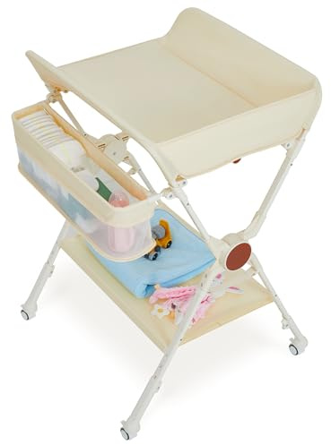 Virimolo Baby Wickeltisch klappbar,höhenverstellbar,mobil mit Rollen,Beige | Viel Stauraum mit 3 Seitenkörben/4 feststellbare, geräuschlose Rollen/Stabile Konstruktion bis 30 kg belastbar