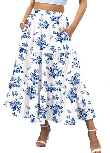 Zeagoo Women's Skirts Elegant Long Maxi Skirt with Pockets Floral White XL