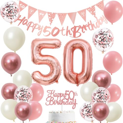 50. Geburtstag Deko Frauen Rosegold Happy 50th Birthday Banner Luftballon, Zahl 50 Folienballon, Tortendeko für 50 Geburtstagsdeko Frau