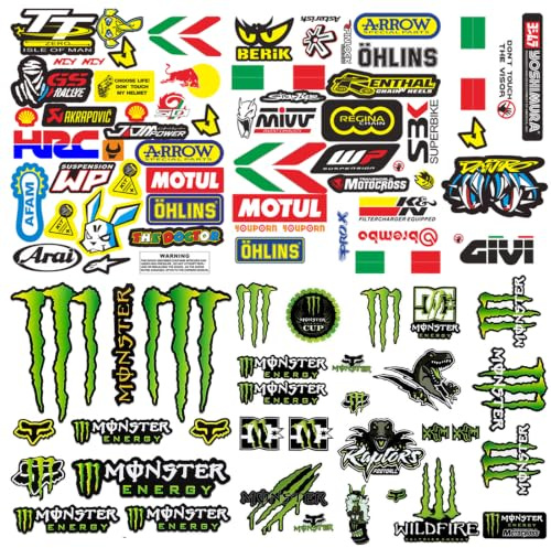 Set 4 Pezzi Adesivi Moto e Sticker per Casco, Decalcomanie Impermeabili in Vinile per Motocross, Scooter, Skateboard e Auto, Kit Tuning Grafiche Sportive Multicolore