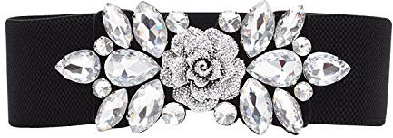 WedDecor Women’s Black Stretch Waist Belt With Floral Diamante Arrangement Wide Elastic Band Cinch Trimmer, Fastening, One Size Fits All Fashion Accessory, 30 inches, Small