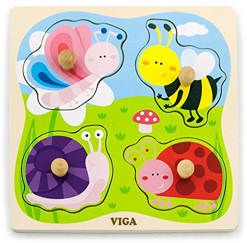 VIGA- Animali Toys-Big Wooden Knob Puzzle-Insect, Multicolore, 50131