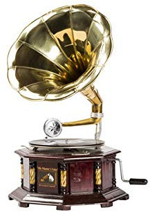 Arterameferro - Gramophone en bois avec trompette en laiton HIS MASTER'S VOICE reproduction octogonale inserts laiton