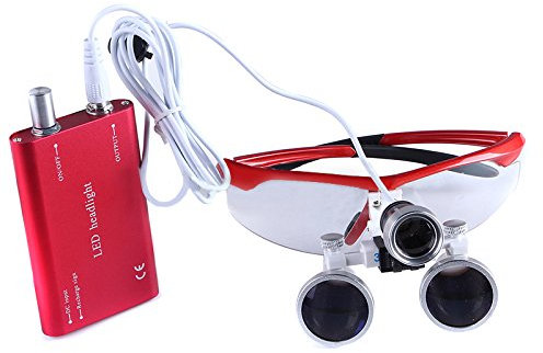 BoNew Tragbare zahnärztliche chirurgische Fernglaslupe 3,5X-R, optisches Glas, mit/ohne Kopf, LED-Lampe, Rot (mit LED-Licht)
