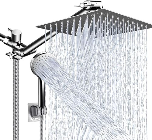 10 Inch High Pressure Shower Head with 11 Inch Adjustable Extension Arm and 3 Hand Shower Settings, Powerful Spray Against Low Pressure Water with Long Hose
