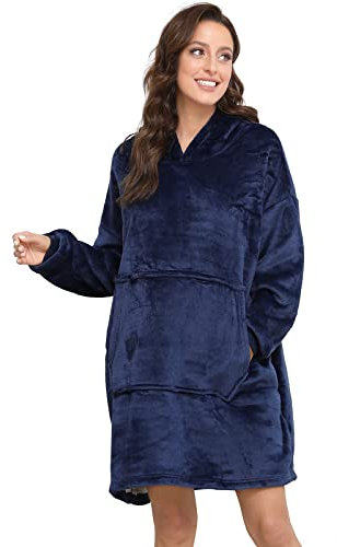 Sendowtek Übergroße Hoodie Decke Damen Oversized, Sherpa Deckenpulli Weich Super Warme Komfortable Pullover Decke mit ärmeln und Kapuze für Damen Männer Unisex Blau