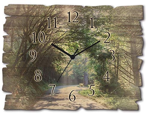 ARTLAND Wanddeko Wanduhr ohne Tickgeräusche aus Holz Funk Uhr lautlos 40x30 cm Rechteckig Wald Landschaft Natur Bäume Frühling U1TD