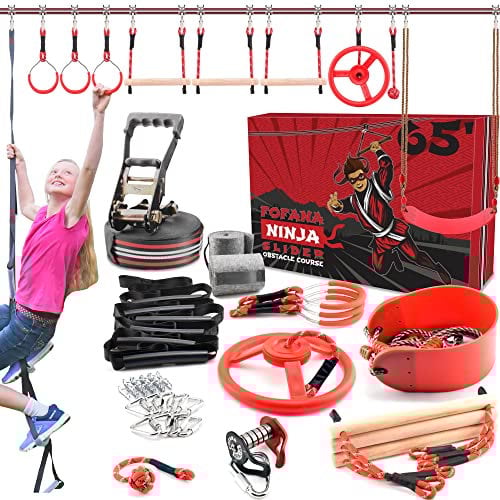 Fofana Ninja Warrior Obstacle Course for Kids Outside 65 FT - Ninja Slider Included - Largest 11 Ninja Course Obstacles - Climbing Ladder, Spinning Wheel, Gym Ring