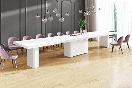 Design Esstisch HEK-111 Weiß matt/Weiß Hochglanz ausziehbar XXL 180 cm bis 468 cm Esszimmertisch für 16 Personen Kitchentable Funktionstisch Ausziehtisch Esszimmer Tisch Esszimmermöbel