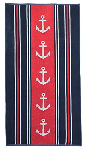 P.K. Collection Strandtuch aus 100% Baumwolle - Strandlaken 90x165 cm Frottee Qualität - hochwertiger Jacquard Druck (Ankerreihe Rot)