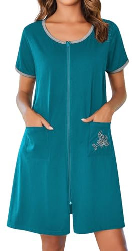 Ekouaer Bademäntel mit Reißverschluss für Damen, kurze Ärmel, Reißverschluss, Hausmantel, kurzer Bademantel, leichtes Nachthemd mit Taschen, S-3XL, Dunkelgrau/Blau, Large
