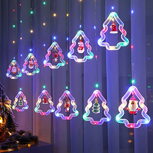 BLOOMWIN Lichterkettenvorhang Fenster Weihnachtsdeko, Weihnachtsbaum Lichtervorhang mit Weihnachtsschmuck, Weihnachtsbeleuchtung Fenster Lichterkette Innen 3m 8 Modi USB Bunt