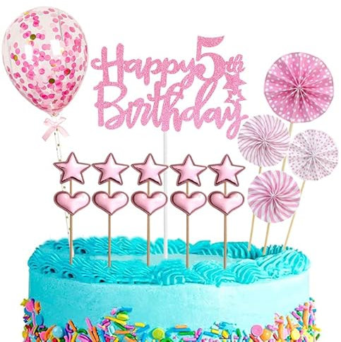 POPOYU 16-teilige Rosa Kuchendeko für 5. Geburtstag, Kuchendeko, Rosa, 16 Stück, Geburtstag, Pink