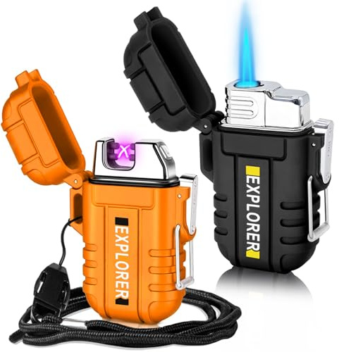 2 Pack Waterproof Lighter Outdoor Windproof Torch Lighters Dual Arc Butane Electric Lighters USB Rechargeable Lighters Flameless Plasma Lighter Camping Hiking Adventure Survival Tactical Gear
