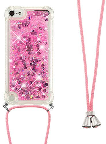 Handykette Handyhülle für iPod Touch 5/6 / 7 Hülle,Glitzer Quicksand kreatives Fließende Flüssigkeit schwimmt Silikon Case mit Umhängeband Handykordel Band Kette für iPod Touch 5,GS Pink Heart