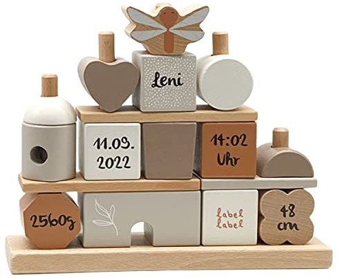 Steckspiel Haus Nougat I Personalisierbares Geschenk zur Geburt Mädchen I Handmade Holzspielzeug I Personalisierte Geschenke Baby I Label-Label I Stapelturm mit Name & Geburtsdaten