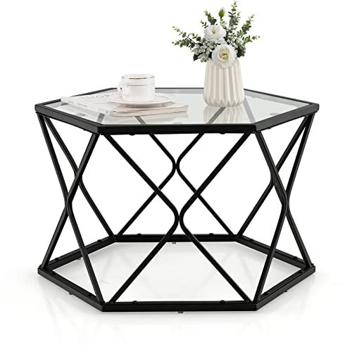 COSTWAY Glastisch mit Metallrahmen, Couchtisch modern, Beistelltisch 65 x 56 x 40 cm