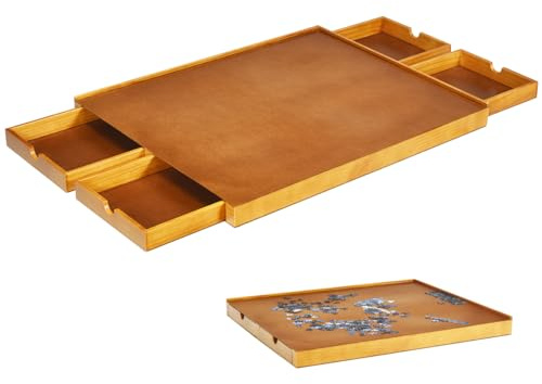 DREAMADE Plateau Puzzle en Bois, Tableau pour Puzzle 1000-1500 Pièces, avec Grande Plateforme, 4 Tiroirs Coulissants & Bord Antichute, Idéal pour Les Puzzles et Les Jeux, 65x80x6,5cm, Naturel